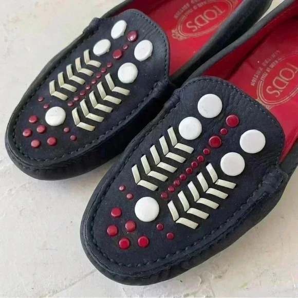 Tod's Gommini Embellished Suede Loafer Dark Navy Red Size 35 - Picture 8 of 12